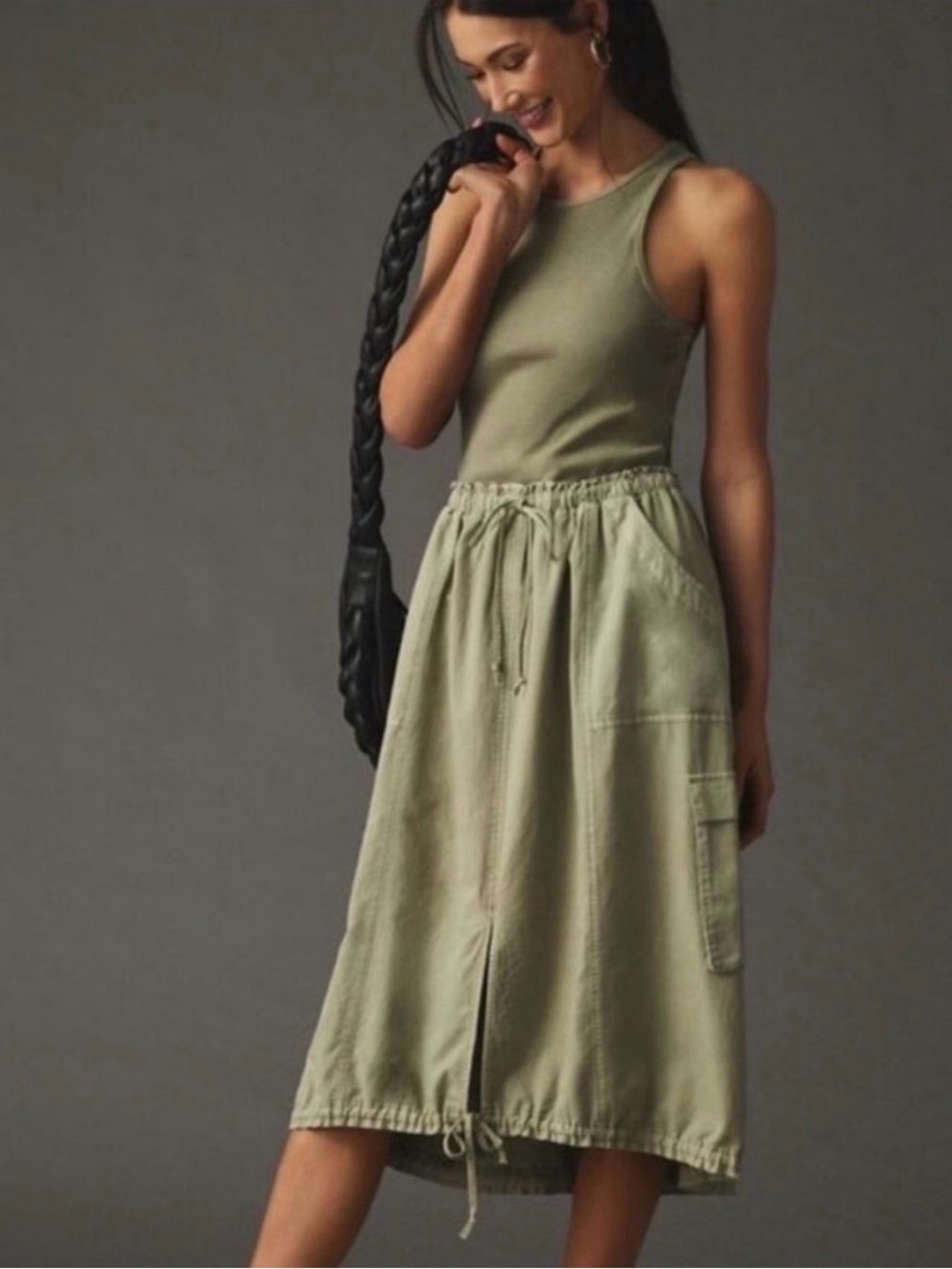Olive Utility Drawstring Midi Dress - Women